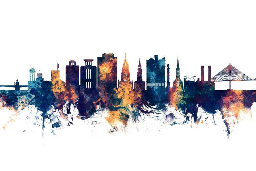 Charleston South Carolina Skyline Blue & Bronze Mural Wallpaper