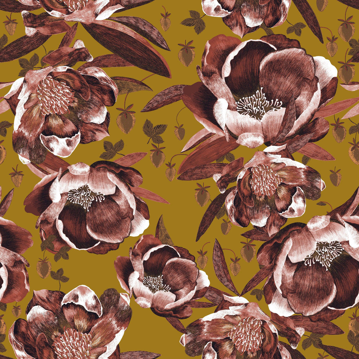 Pop Peonies, Rust & Mustard Mural Wallpaper - pure wallpaper artwork