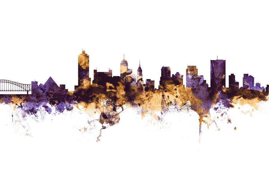 Memphis Tennessee Skyline Purple & Gold Mural Wallpaper