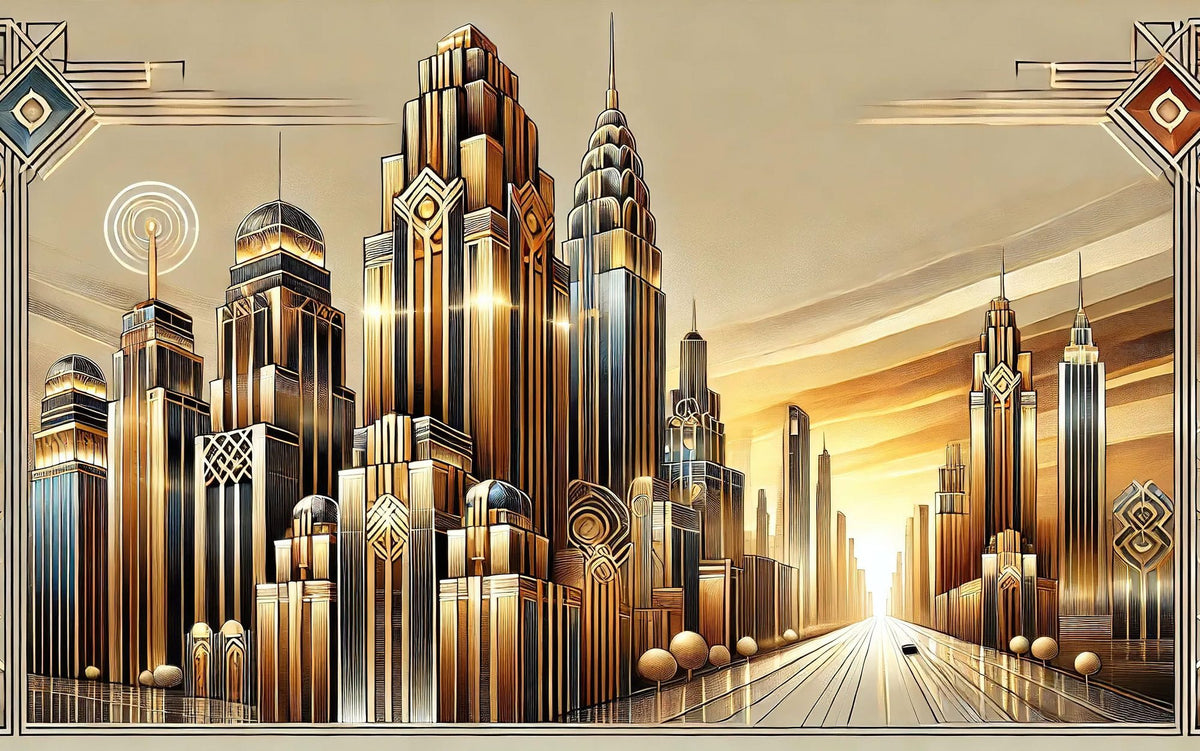 Golden City Skyline At Sunset in Art Deco Mural Wallpaper - pure wallpaper artwork