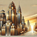 Golden City Skyline At Sunset in Art Deco Mural Wallpaper - pure wallpaper artwork