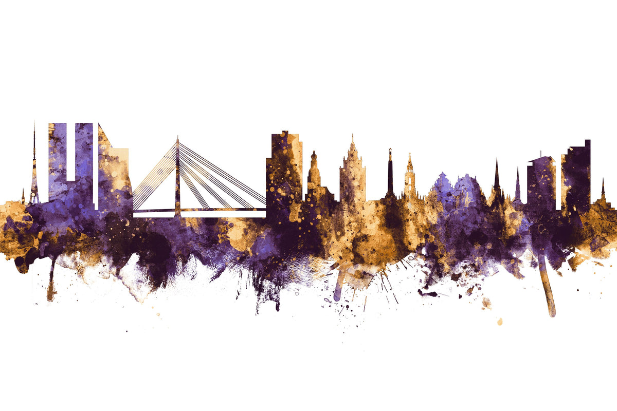Riga Latvia Skyline Purple & Gold Mural Wallpaper - pure wallpaper artwork