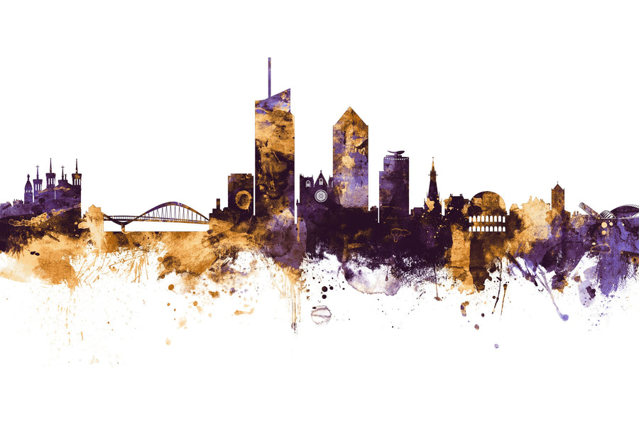 Lyon France Skyline Purlpe & Gold Mural Wallpaper