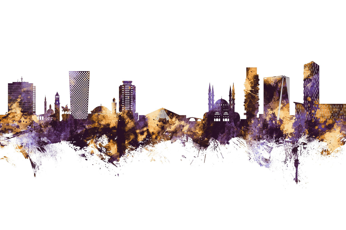 Tirana Skyline Purple & Gold Mural Wallpaper - pure wallpaper artwork