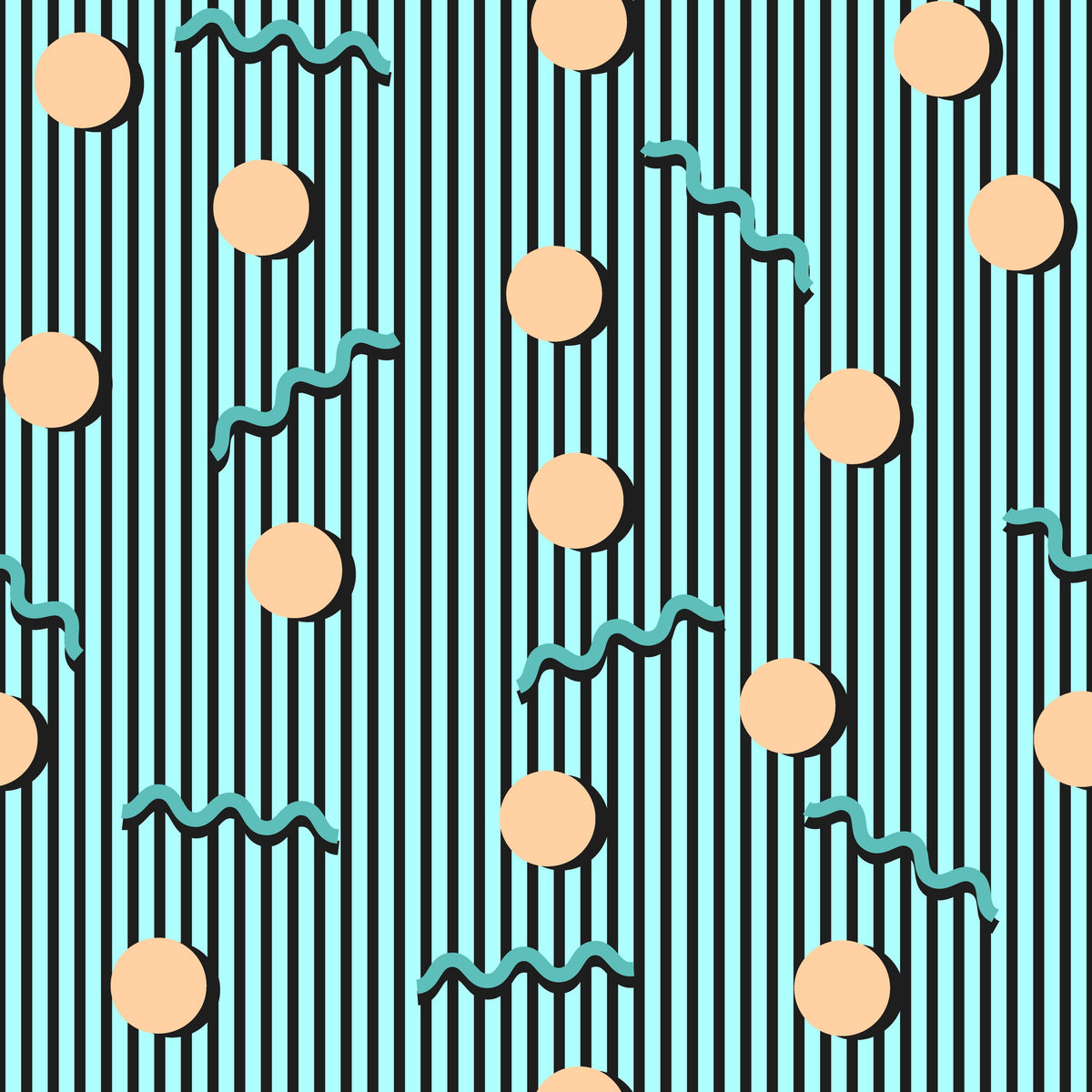 Memphis Dots & Stripes, Cyan Mural Wallpaper - pure wallpaper artwork