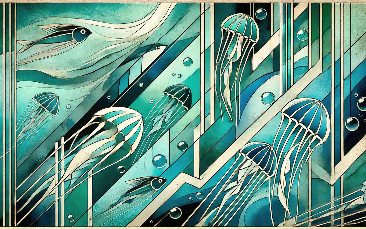 Oceanic Serenade Scene in Art Deco Mural Wallpaper - pure wallpaper artwork