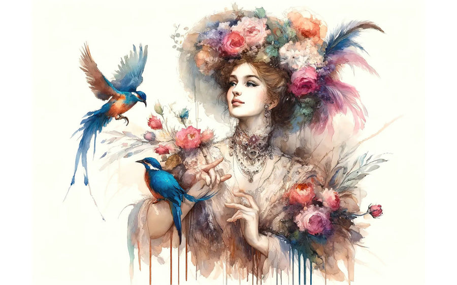 Enchanting Lady Amidst Blooms and Birds Mural Wallpaper