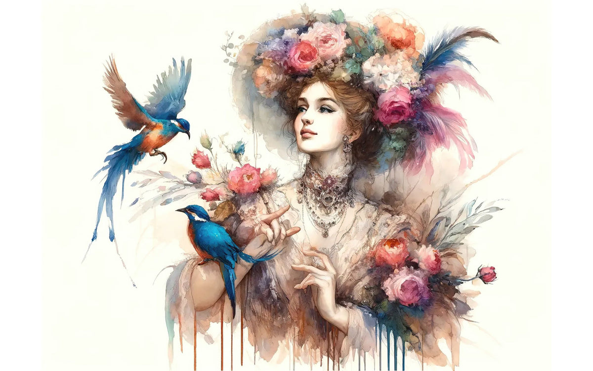 Enchanting Lady Amidst Blooms and Birds Mural Wallpaper - pure wallpaper artwork