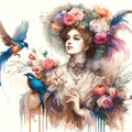 Enchanting Lady Amidst Blooms and Birds Mural Wallpaper - pure wallpaper artwork