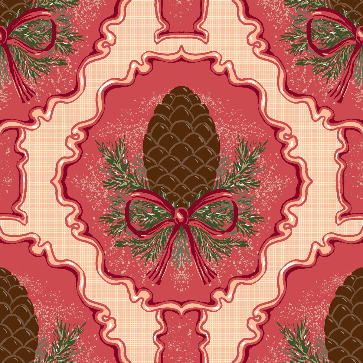 Pine Cone & Ornate Rackets, Raspberry Mural Wallpaper - pure wallpaper artwork