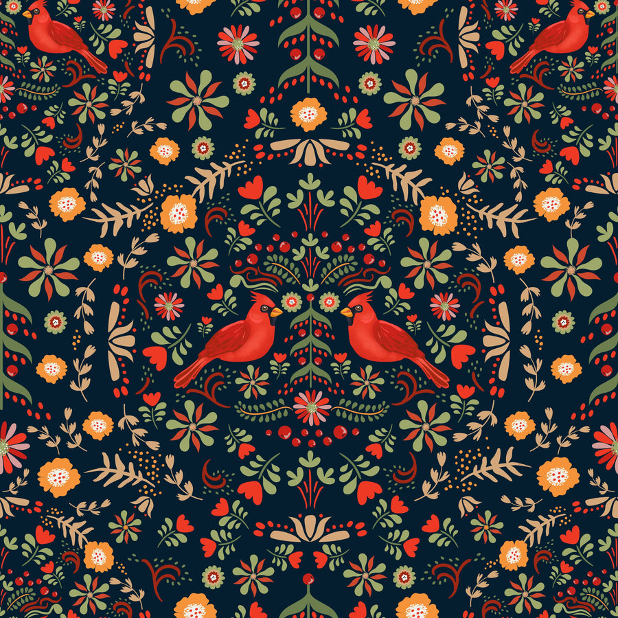 Cardinal Christmas, Navy Mural Wallpaper