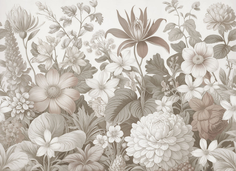 Dahlia Days, Greige Mural Wallpaper