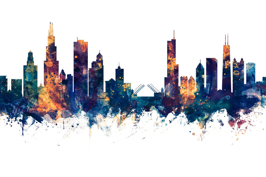 Chicago Illinois Skyline Blue & Bronze Mural Wallpaper