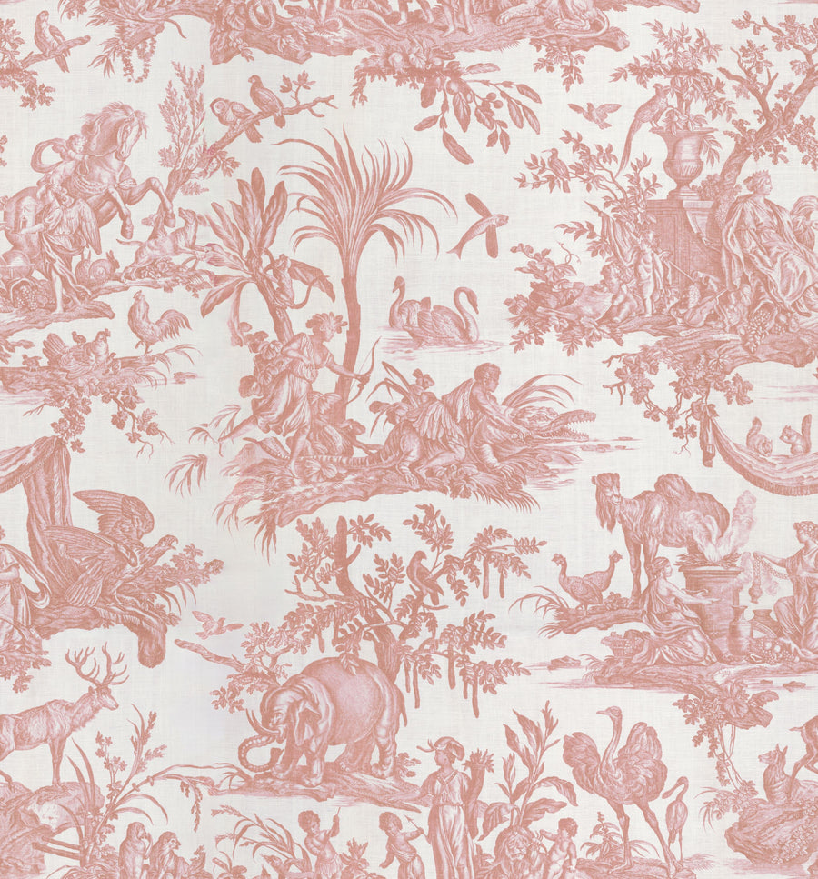 Patinated Linen Toile De Jouy, Rose Mural Wallpaper