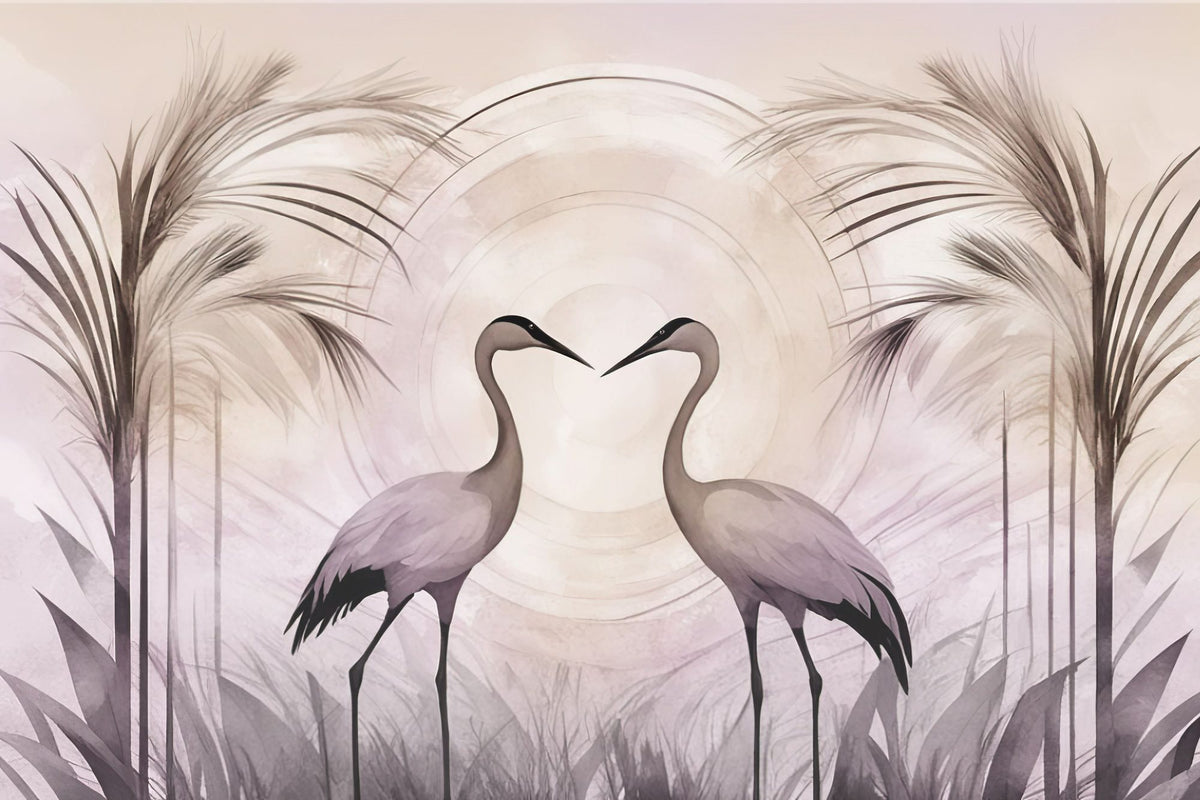 Cranes At Sunset Pink Mural Wallpaper - pure wallpaper artwork