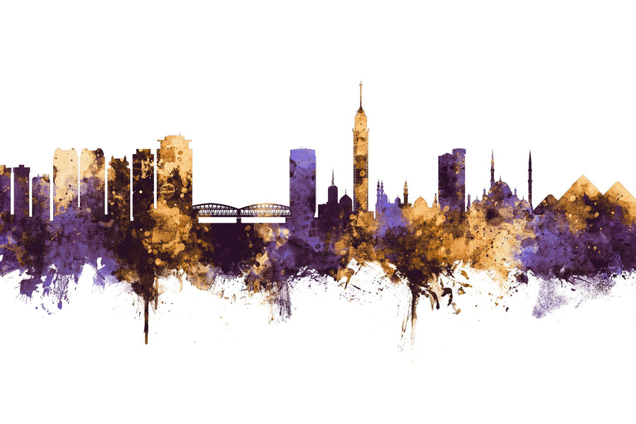 Cairo Egypt Skyline Purple & Gold Mural Wallpaper