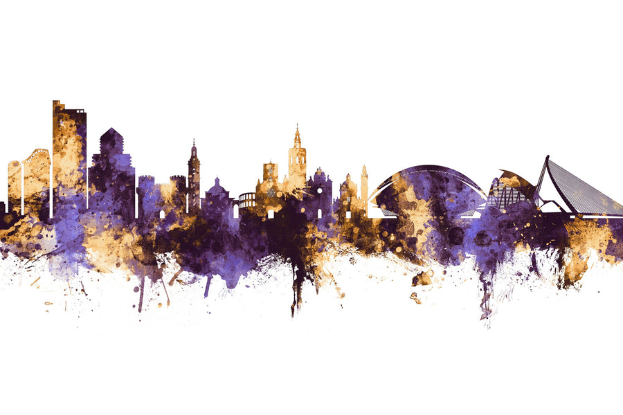 Valencia Spain Skyline Purple & Gold Mural Wallpaper