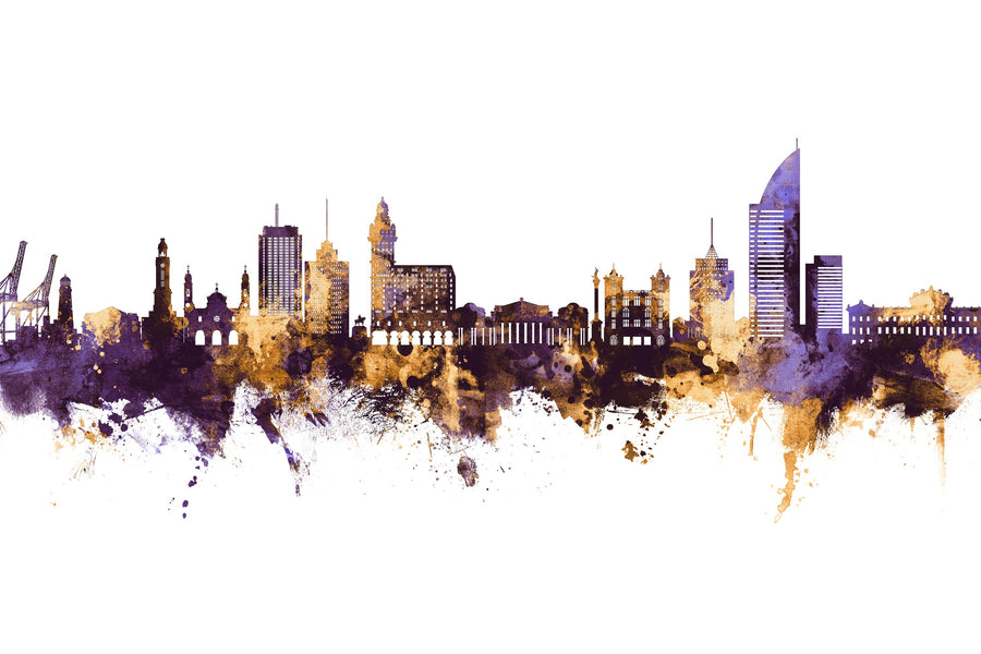 Montevideo Uruguay Skyline Purple & Gold Mural Wallpaper