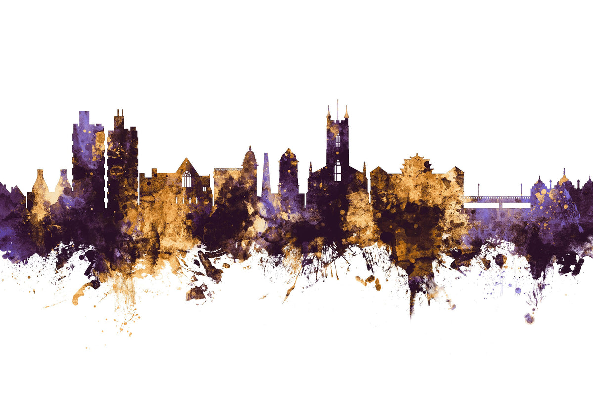 Stoke-on-Trent Skyline Purple & Gold Mural Wallpaper - pure wallpaper artwork