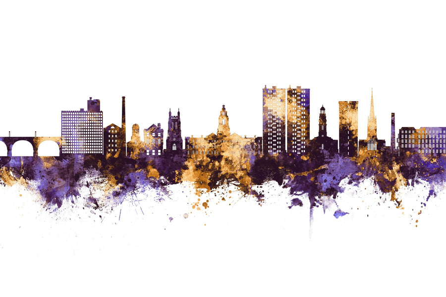 Stockport England Skyline Purple & Gold Mural Wallpaper