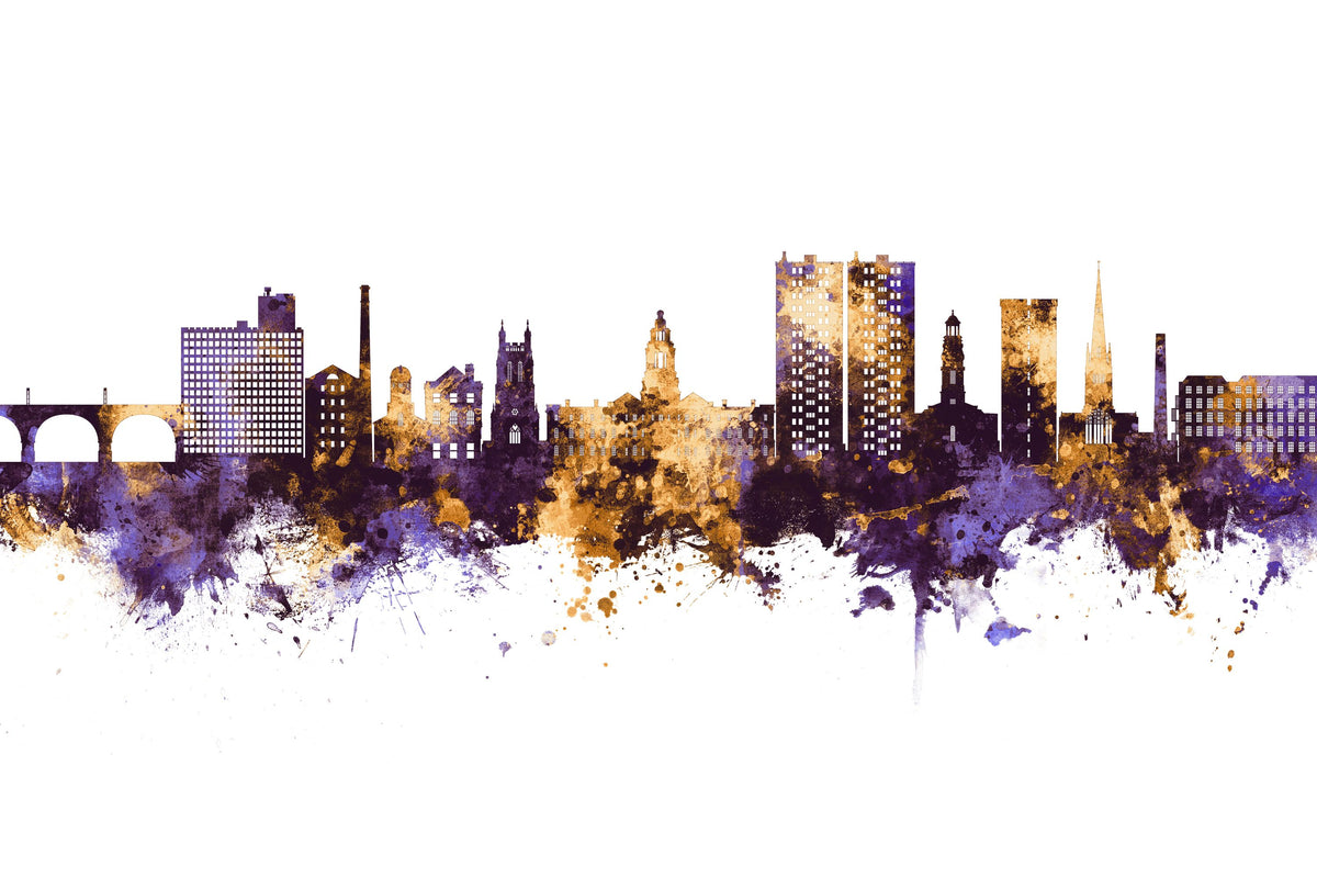 Stockport England Skyline Purple & Gold Mural Wallpaper - pure wallpaper artwork