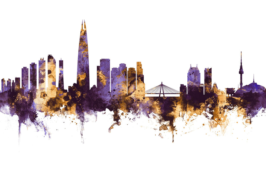 Seoul Skyline Purple & Gold Mural Wallpaper