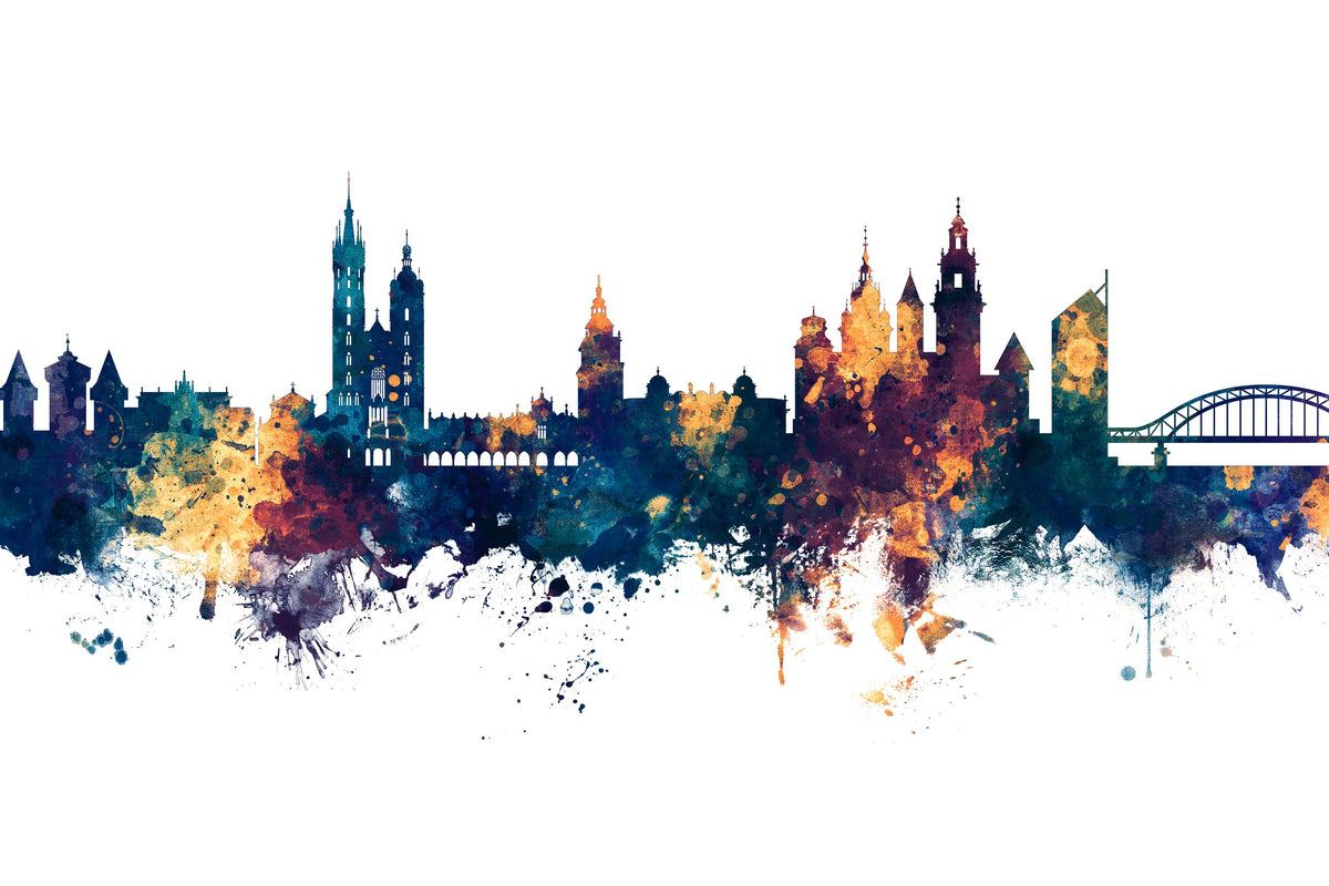 Krakow Skyline Blue & Bronze Mural Wallpaper - pure wallpaper artwork