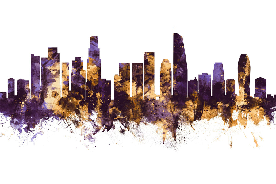 Los Angeles Skyline Purple & Gold Mural Wallpaper