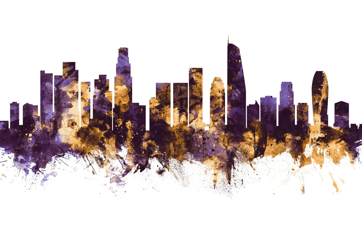 Los Angeles Skyline Purple & Gold Mural Wallpaper - pure wallpaper artwork