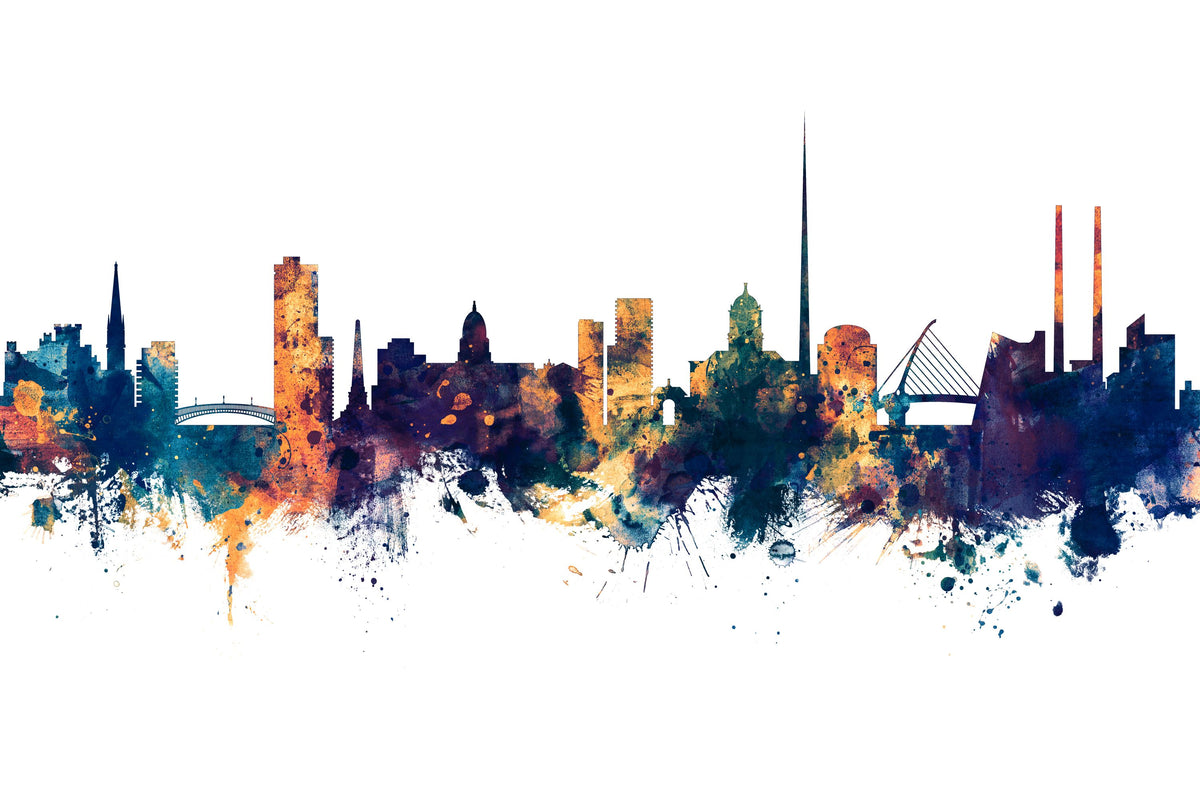 Dublin Ireland Skyline Blue & Bronze Mural Wallpaper - pure wallpaper artwork