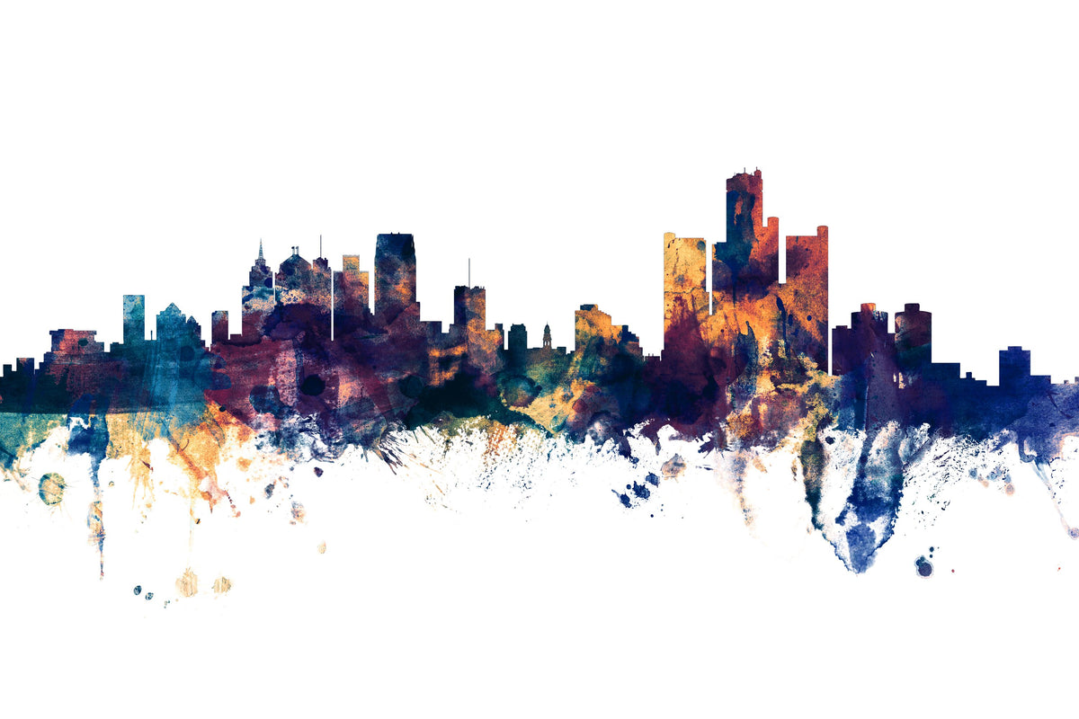 Detroit Michigan Skyline Blue & Bronze Mural Wallpaper - pure wallpaper artwork