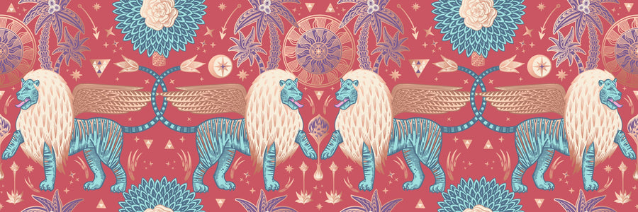 Griffin Fantasy Garden Mural Wallpaper - Red Tone