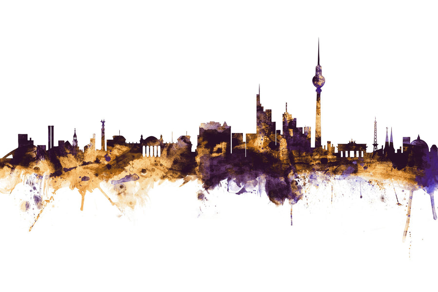 Berlin Skyline Purple & Gold Mural Wallpaper