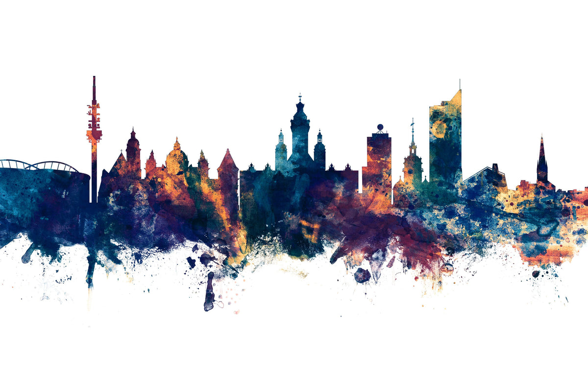 Leipzig Germany Skyline Blue & Bronze Mural Wallpaper - pure wallpaper artwork