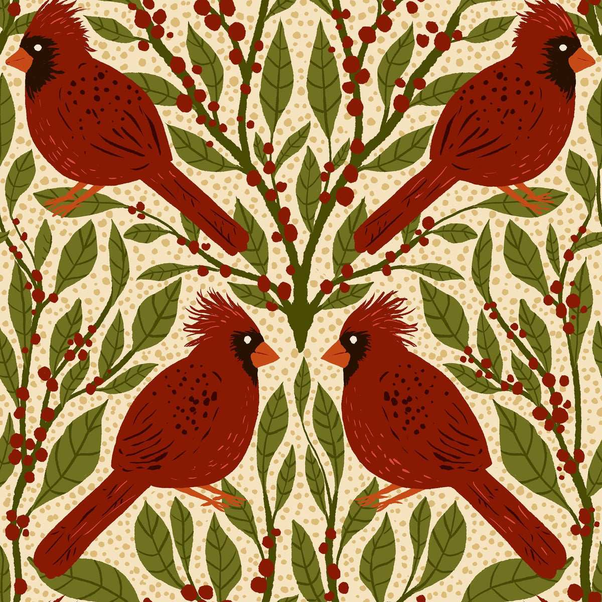 Cardinals & Winterberries, Vintage Mural Wallpaper - pure wallpaper artwork