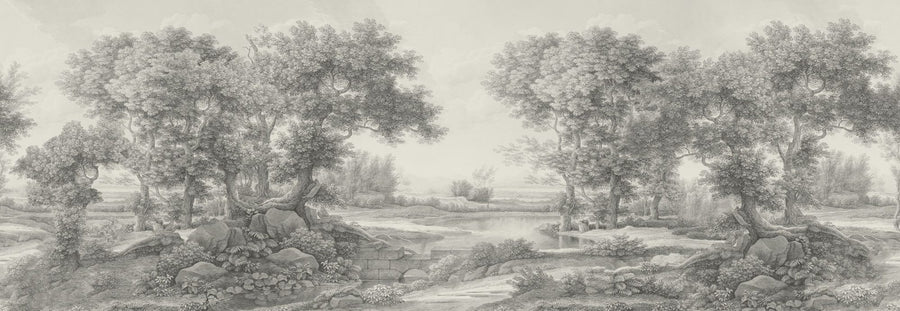 Landscape Wallpaper Mural – Scenery Wall Mural – Riverbank Oak Landscape, Argent printable artwork