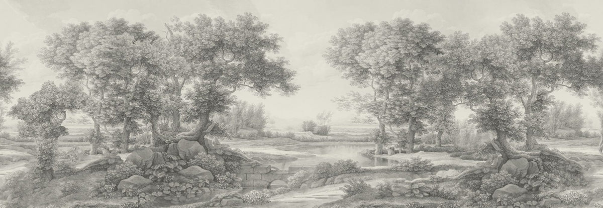 Riverbank Oak Landscape, Argent Mural Wallpaper - pure wallpaper artwork