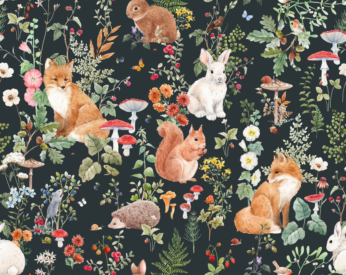 Animaux bébé faune nordique, papier peint mural bleu foncé