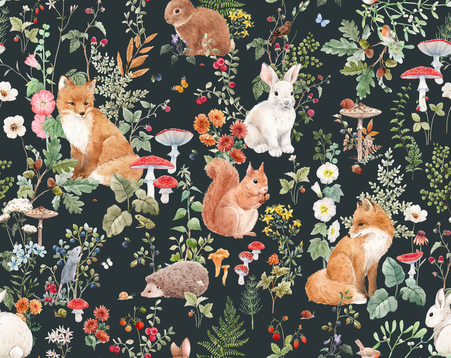 Baby Animals Nordic Fauna, Dark Blue Mural Wallpaper