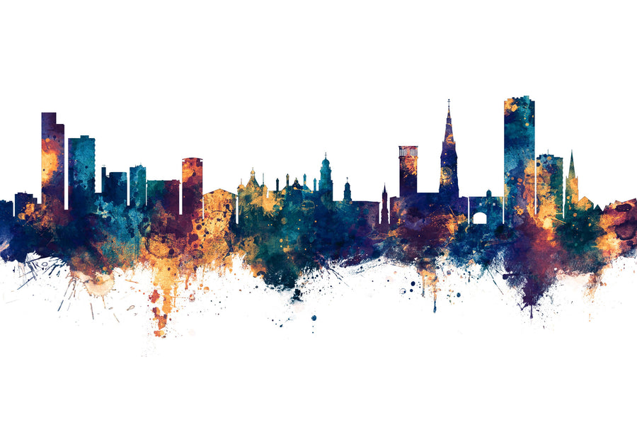 Leicester England Skyline Blue & Bronze Mural Wallpaper