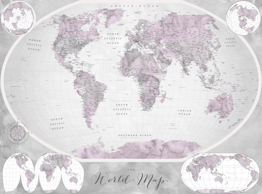 World Map Atlas Pink Mural Wallpaper