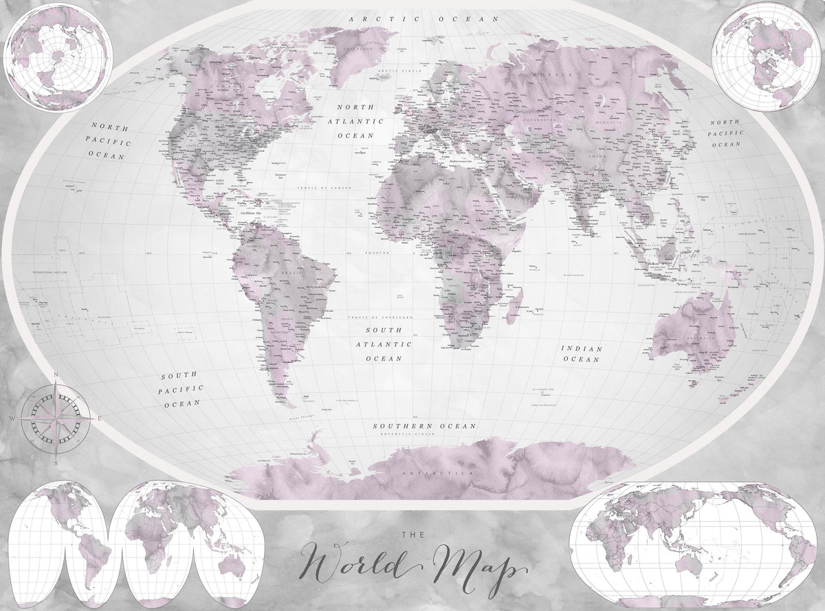 World Map Atlas Pink Mural Wallpaper - pure wallpaper artwork