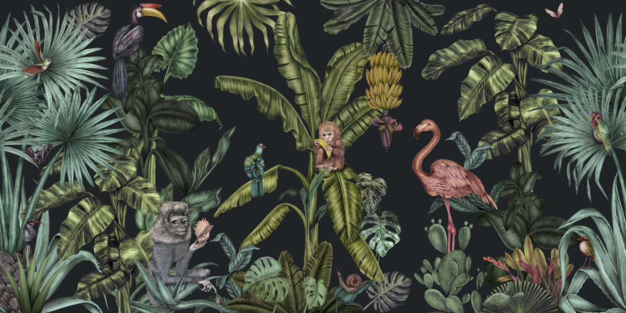 Monkeys with Birds, Dark Mural Wallpaper
