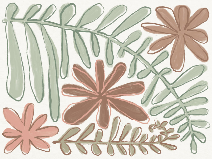 Fern and Flower Lines Mural Wallpaper