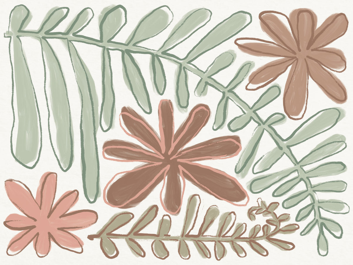 Fern and Flower Lines Mural Wallpaper - pure wallpaper artwork