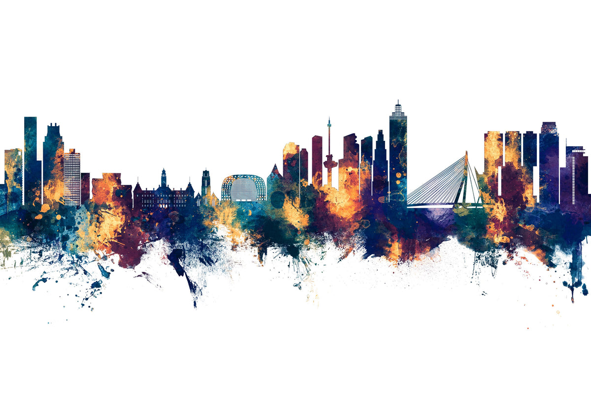 Rotterdam the Netherands Skyline Blue & Bronze Mural Wallpaper - pure wallpaper artwork
