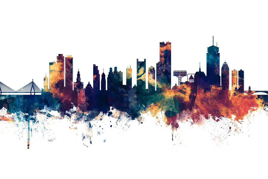 Boston Massachusettes Skyline Blue & Bronze Mural Wallpaper