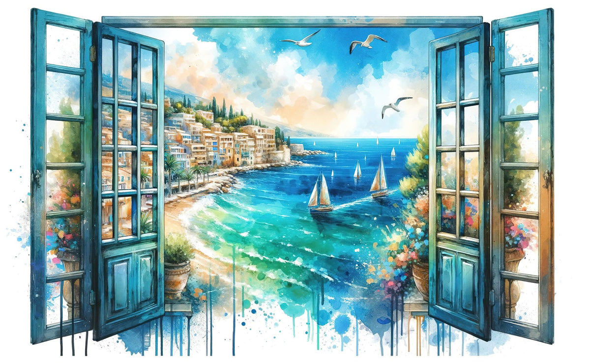 Mediterranean Coastline Through Open Window Mural Wallpaper - pure wallpaper artwork