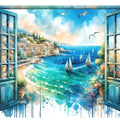 Mediterranean Coastline Through Open Window Mural Wallpaper - pure wallpaper artwork