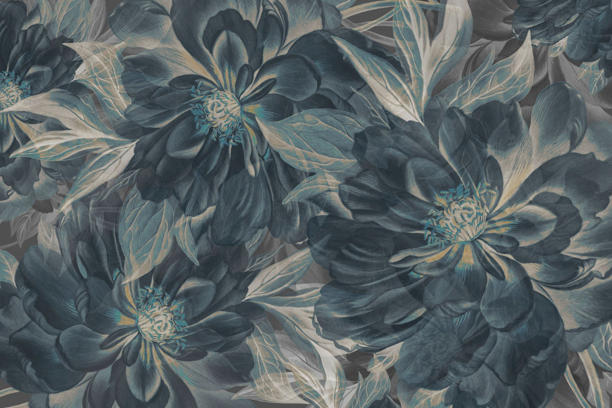 Peony Study - Midnight Teal Mural Wallpaper - pure wallpaper artwork